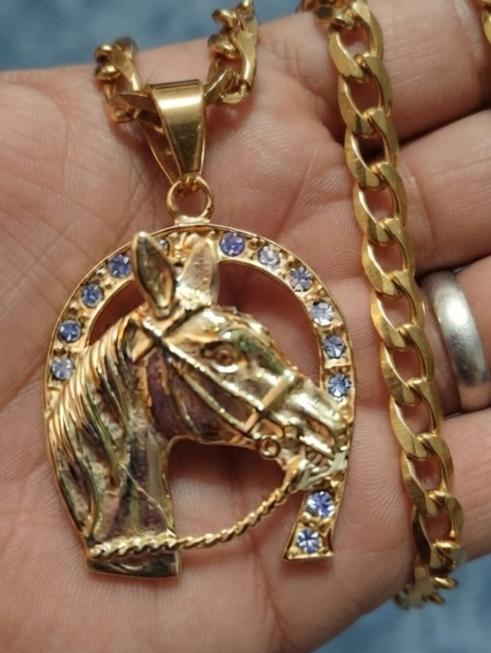 Gold Plated Stainless Steel Horse Head Pendant Necklace with White Stones
